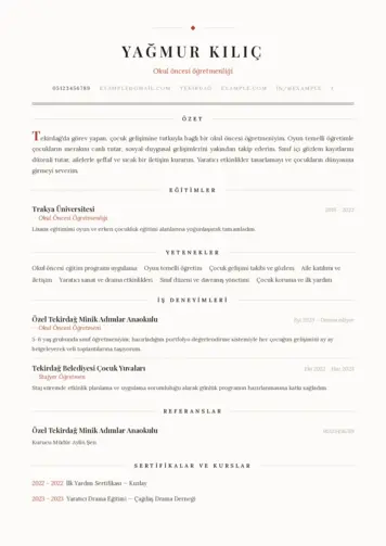 Okul Öncesi Öğretmeni Öğretmenliği Cv Örnekleri cv indir